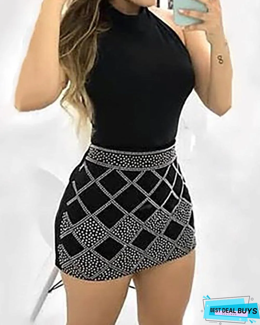 Sleeveless Dots Print Bodycon Mini Dress Black Dresses