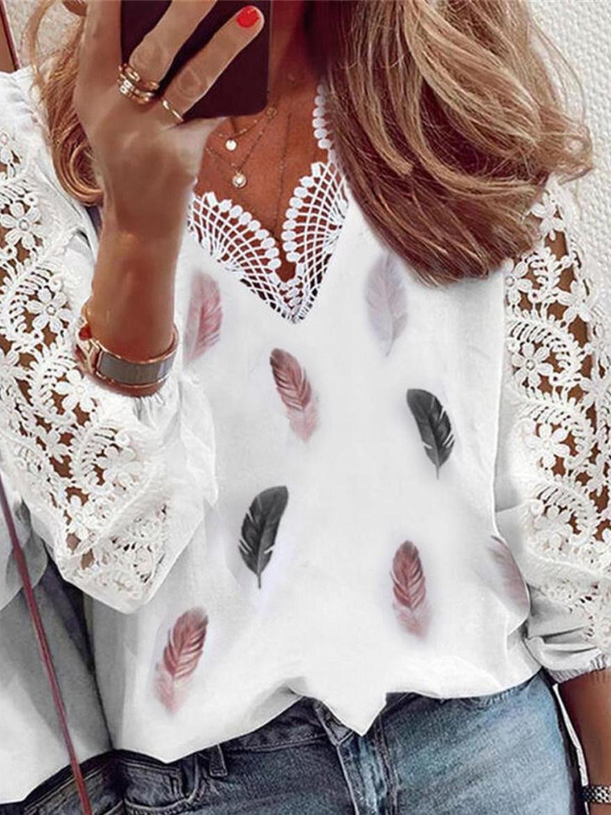 Fashion Lace Patchwork Print Long Sleeve Shirt | EGEMISS