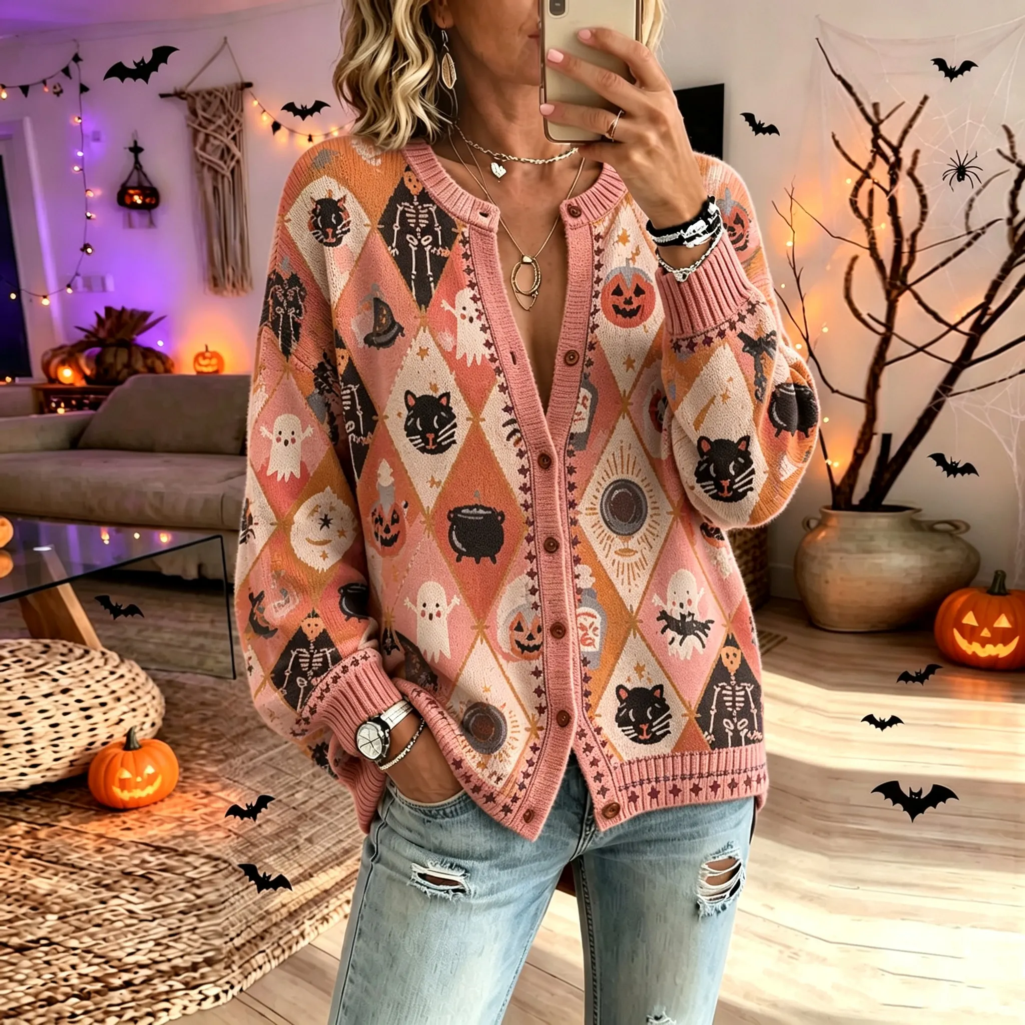 Comstylish Halloween Cat And Wizard Pattern Comfortable Women's Cardigan Sweater