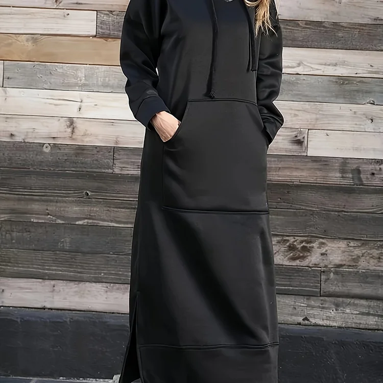 Plus Size Casual Dress, Women's Plus Solid Long Sleeve Hooded Drawstring Side Split Sweatshirt Dress With Kangaroo Pockets