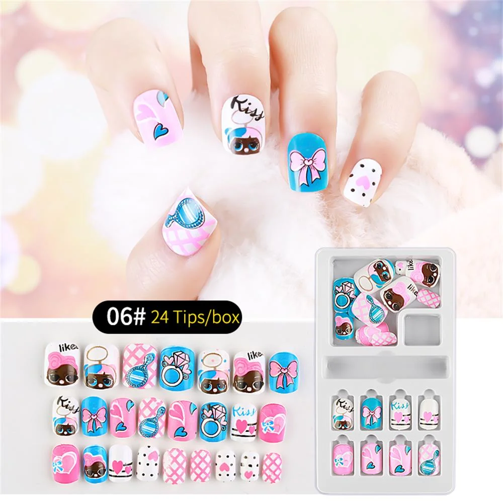 24Pcs/Set Press on Children Candy False Nail Tips Cartoon Full Cover Kid Pink Fake Nail Art for Little Girls Manicure Tool-Nail Inspo