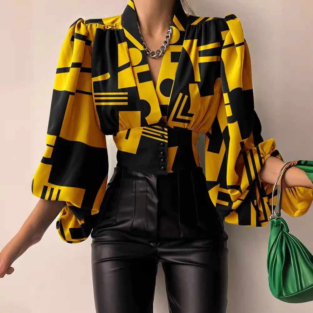 Uveng Uveng Explosion Spring New Temperament Button V-Neck Lantern Sleeve T-Shirt