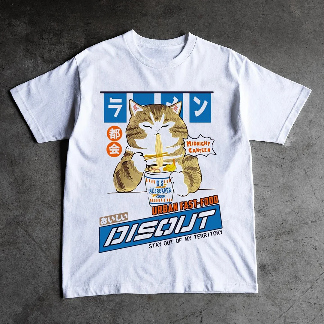 Cat & Japanese Print Short Sleeve T-Shirt