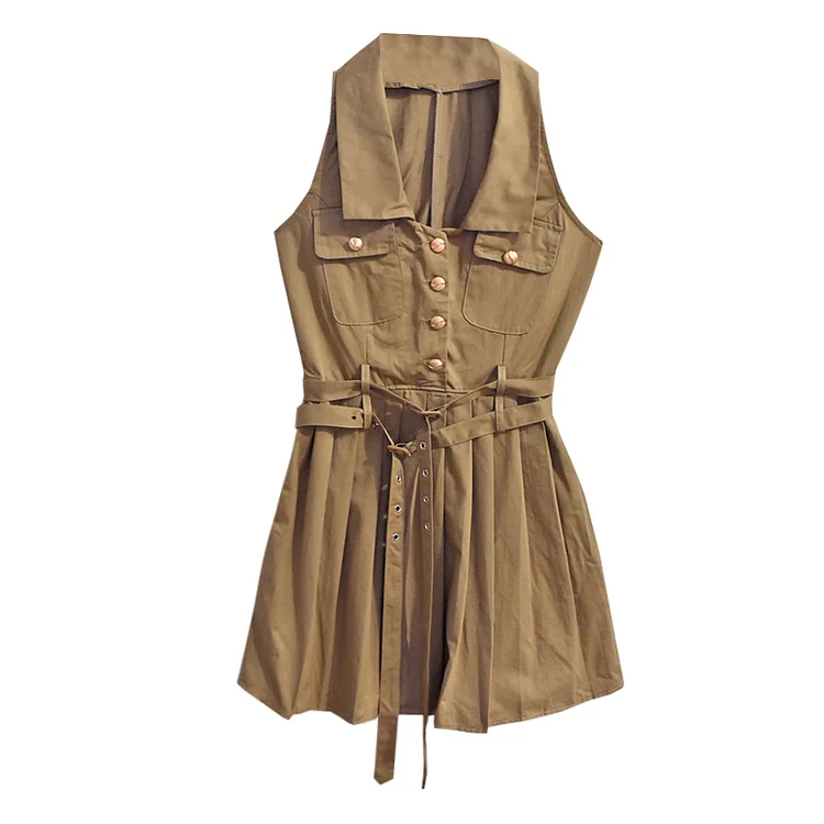 Chic Lapel Pocket Double Belted Pleated Dress  - Modakawa Modakawa