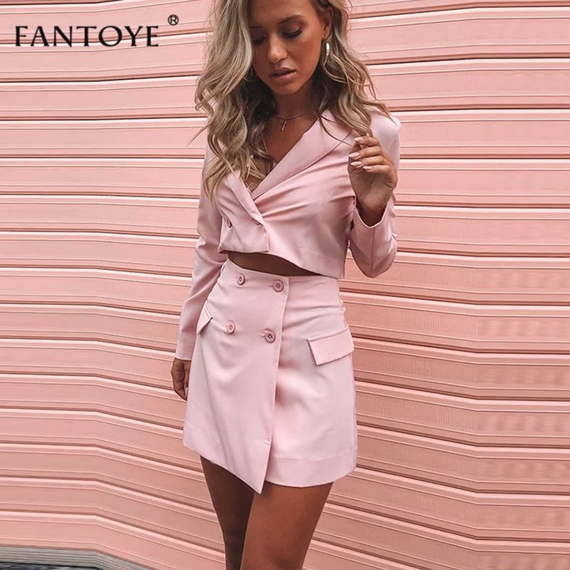 Fashion V Neck Official Women Blazer Two Piece Set Pink  Long Sleeve Double Breasted Suit Women Autumn Slim Female Suits