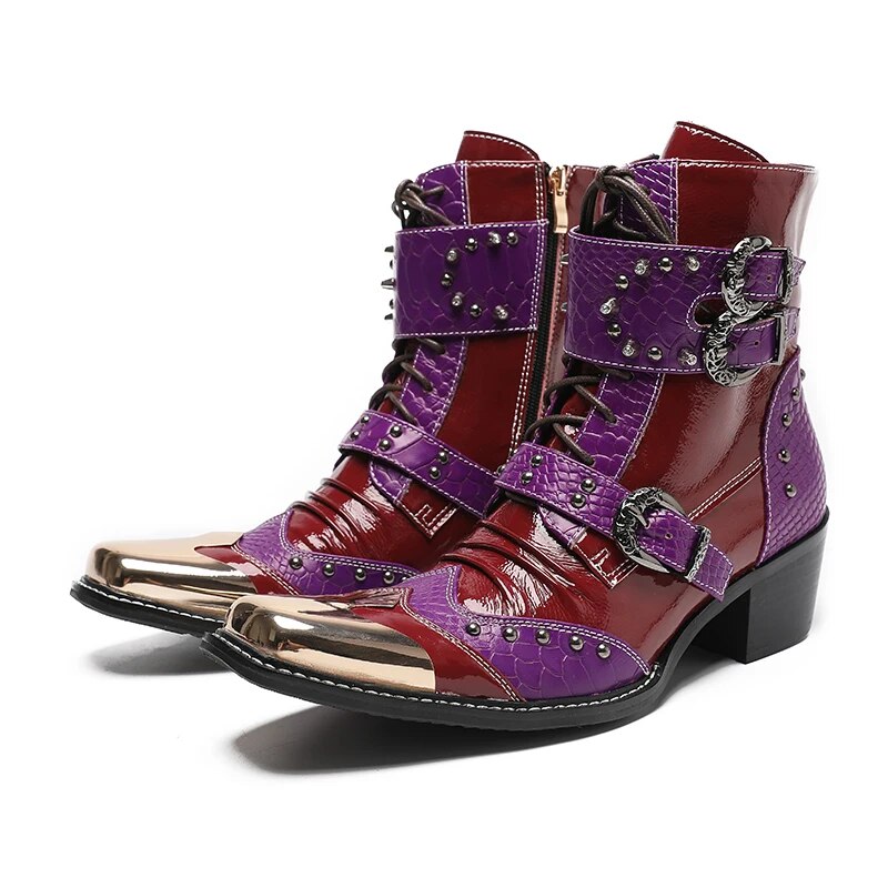 VCSHOES Botas Big Size Mid Heel Men Motorcycle Boots Party Shoes Punk Style Buckle Rivets Real Leather Cowboy Short Boots