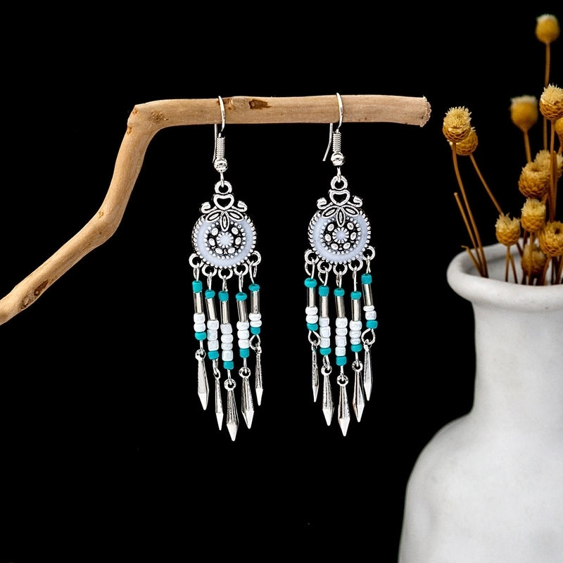 Bohemian Blue Turquoise National Style Earrings Imitation Miao Silver Metal Earrings Vintage Tassel Earrings