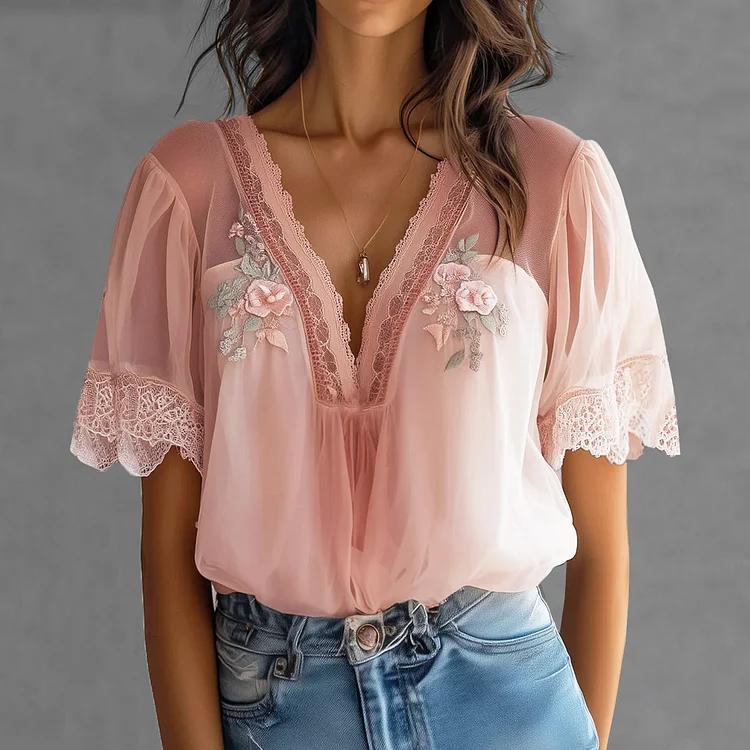 Casual Embroidery Floral Pattern Lace V Neck Short Sleeve Blouse