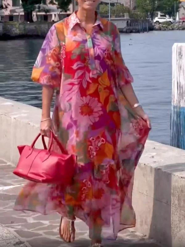 Buttoned Floral Printed Loose Short Sleeves Polo Maxi Dresses