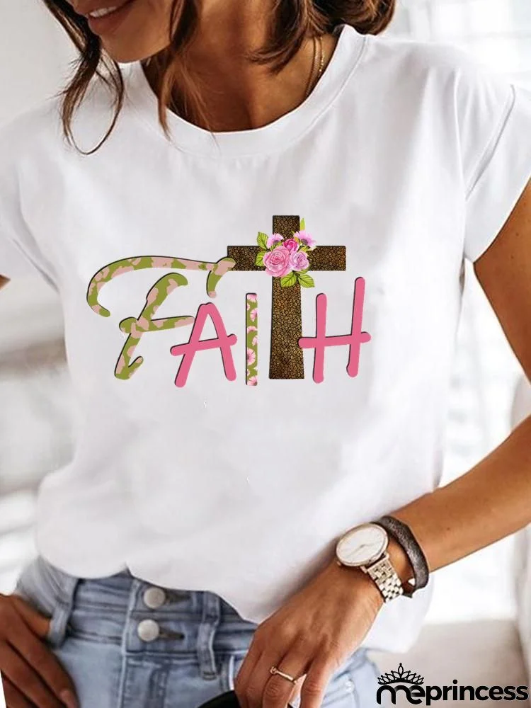 Women Fashion Base Letter Sunflower Cross Print Round Neck Short Sleeve T-Shirt