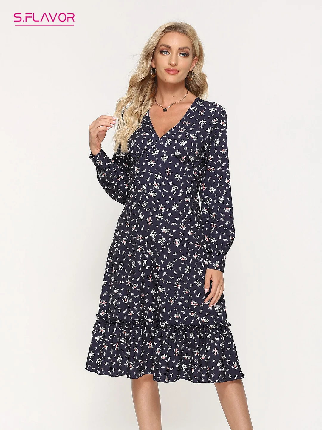 Jangj S.FLAVOR Women's Casual Print Midi Dresses 2022 Autumn V-neck A-line Vestidos De For Female Vintage Sundress