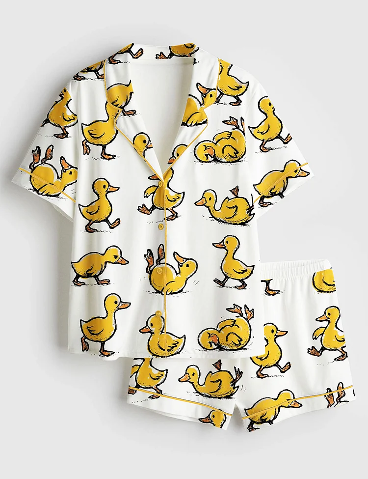 Women&rsquo;s Funny Ducks Not All In a Row Sarcastic Mental Health Cute Duck Short Sleeve Satin Pajama Set