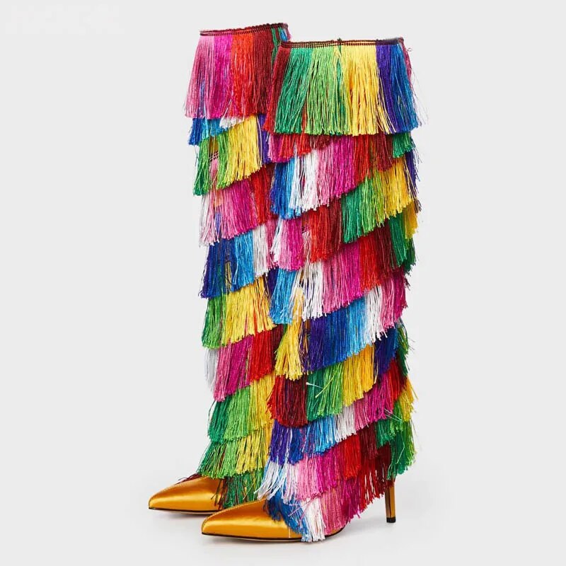 VCSHOES Tassel Knee High Boots Pointed Toe Thin High Heels Women Runway Big Size Shoes