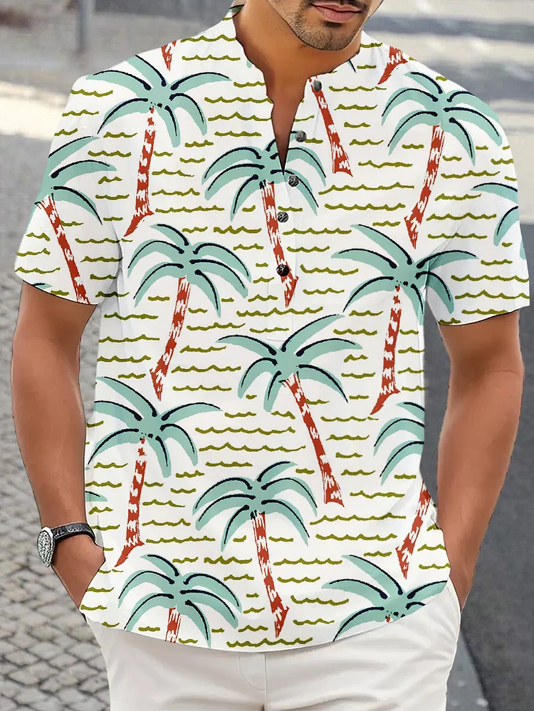 Men's Vacation Tropical Trees Print Half Button Shirt