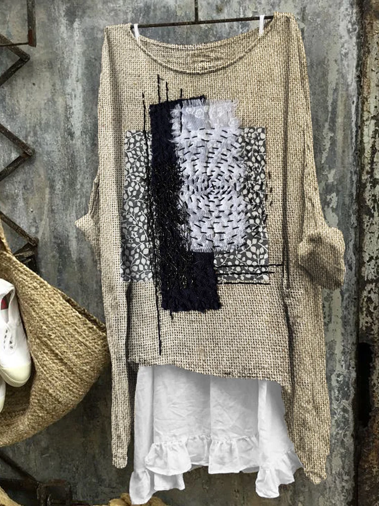 Frayed Patch Japanese Sashiko Art Linen Blend Tunic