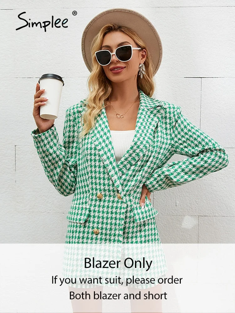 Awfesk Graduation Party Green houndstooth shoulder pads women blazer suit Office lady button pocket short set autumn Long sleeve plaid suit sets
