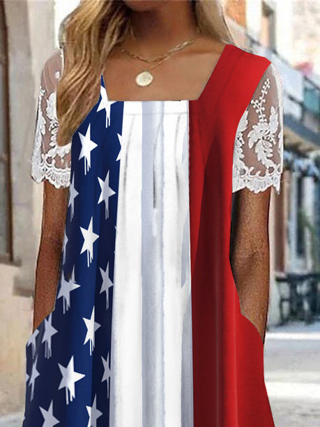 Women's Short Sleeve Square Collar Independence Day Graphic Printed Lace Stitching Midi Dress