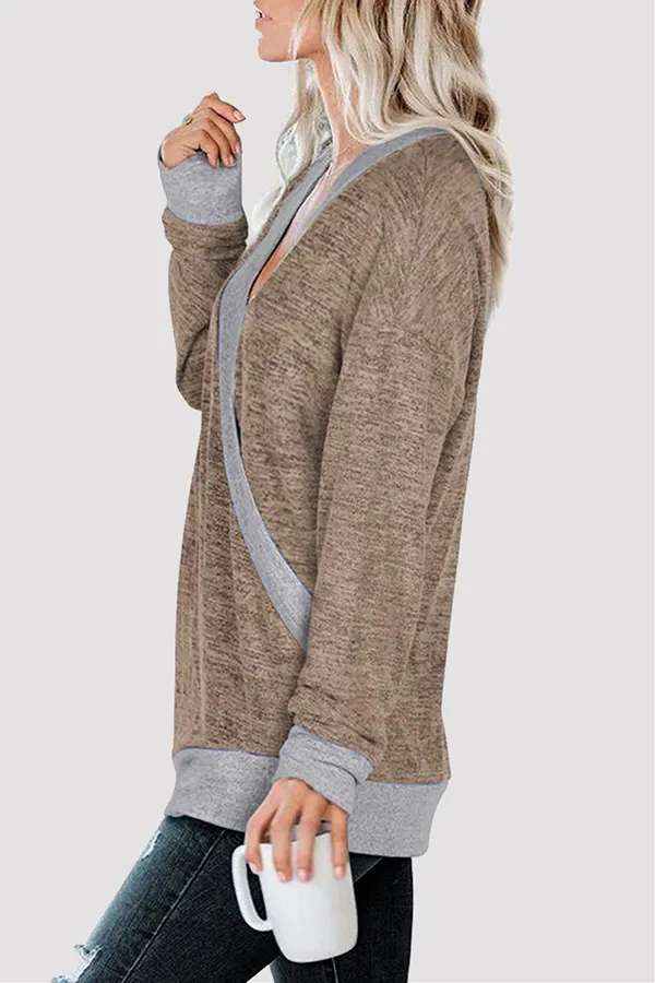 Casual Patchwork Basic Contrast V Neck Tops