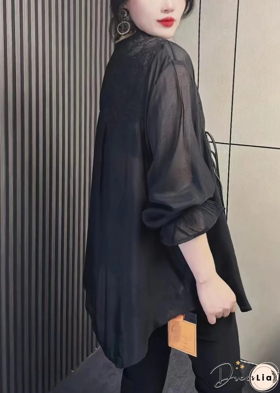 Women Black Tasseled Chinese Button Patchwork Chiffon Shirt Tops Fall