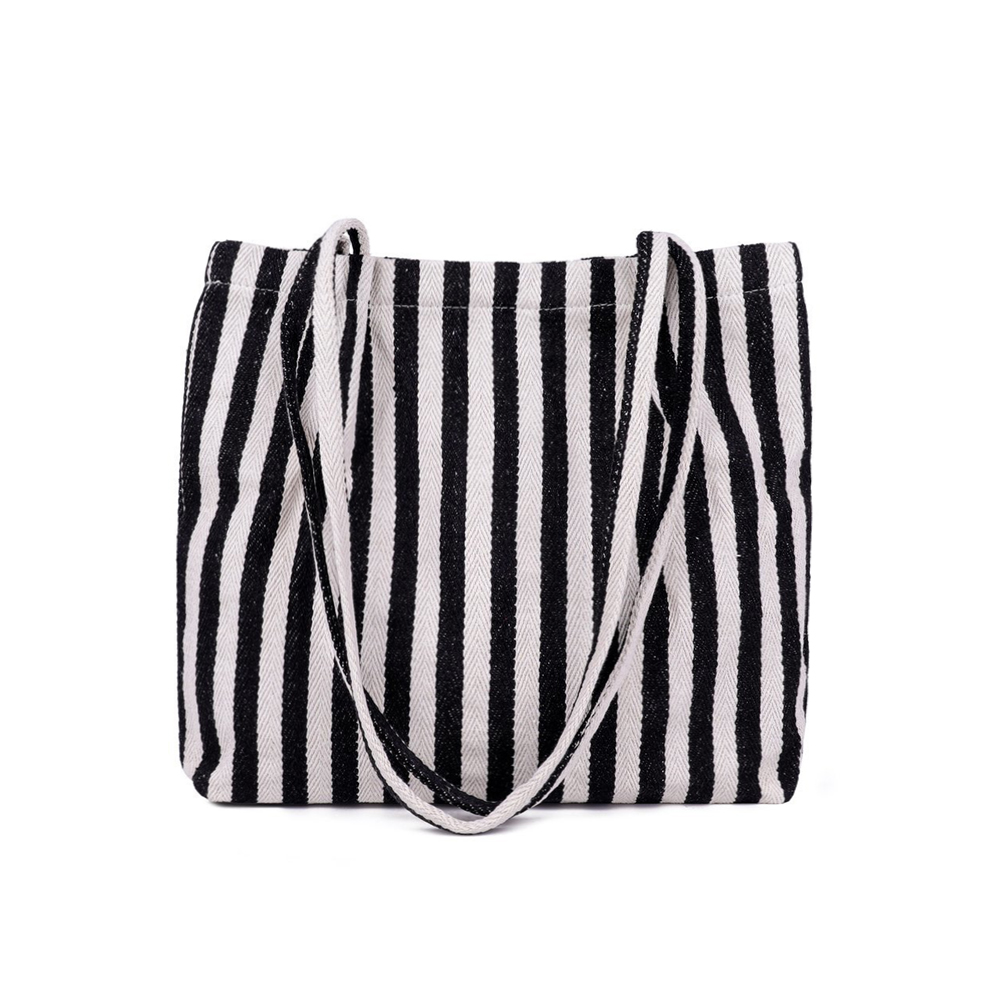 

Hit Color Stripe Shoulder Bag Canvas Large Capacity Handbag, Black, 501 Original