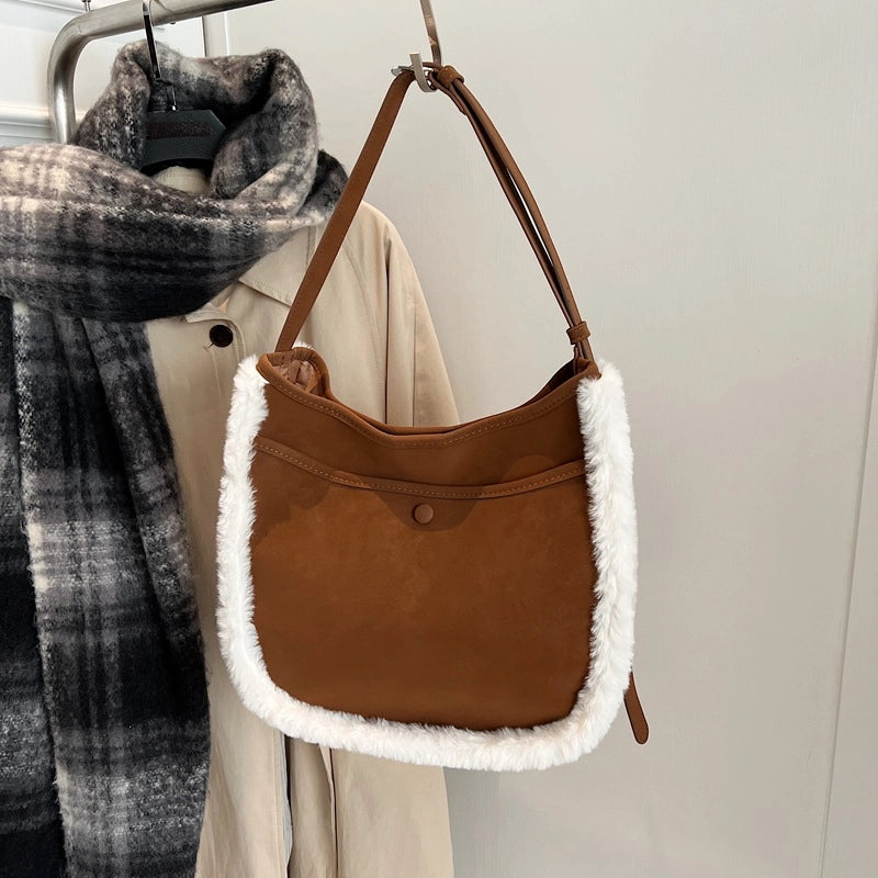 Women’s Medium Suede Solid Color Streetwear Square Magnetic Buckle Tote Bag