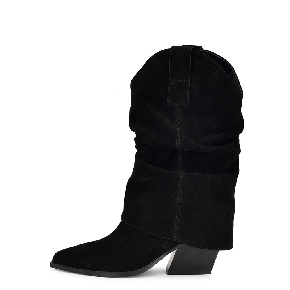 Black Faux Suede Closed Toe Chunky Heel Fold Over Knee High Boots Nicepairs