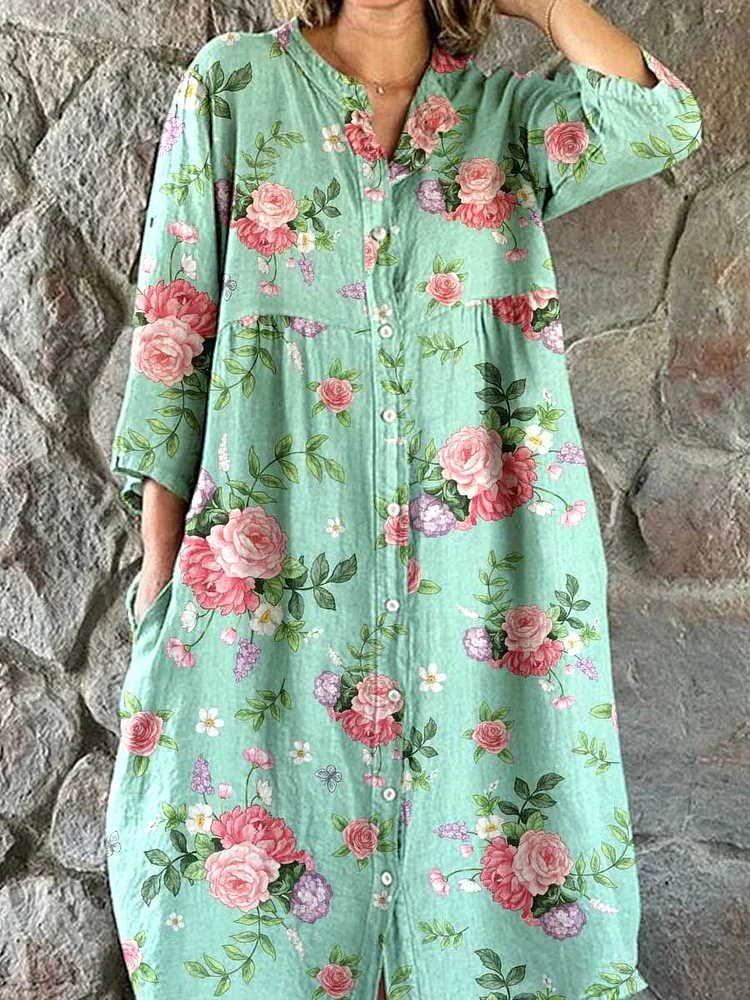 Women's Resort  Art Rose Floral Cotton Shirt Dress