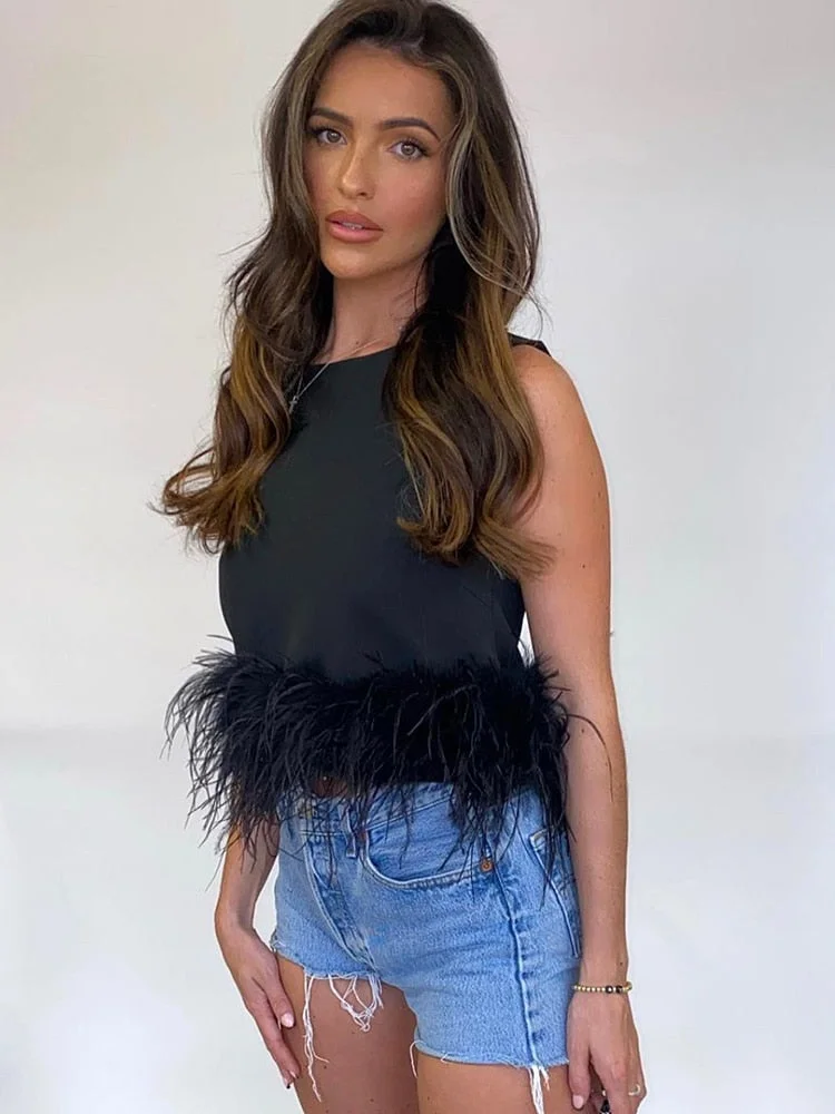 JacuqeLine 2022 Sexy Off Shoulder Y2K Feathers Corset Top Women Summer Sleeveless Elegant Lady Camis Tube Crop Top Club Party