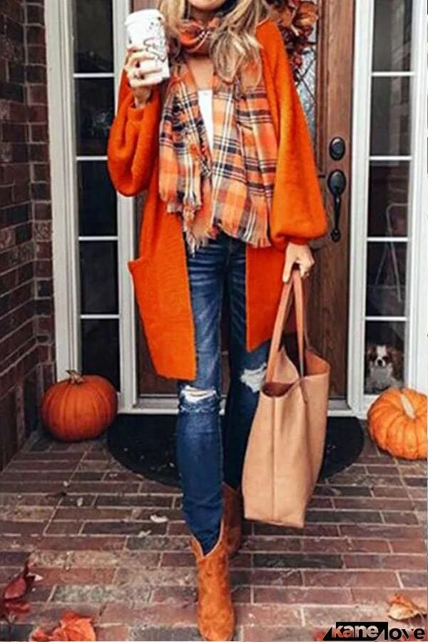 Loose Lantern Sleeve Orange Knitted Coat