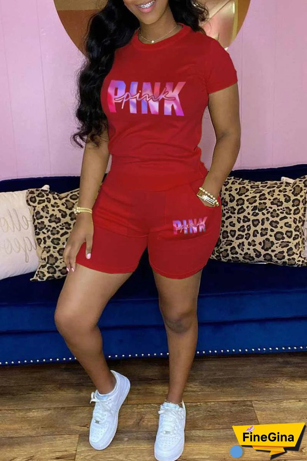 Burgundy Casual Print Letter O Neck Short Sleeve Two Pieces