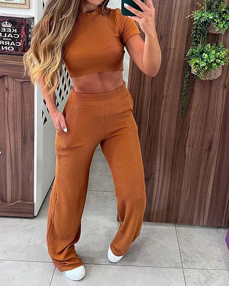 Solid Color Knitted Blouse & Casual Wide-leg Pants Two-piece Set