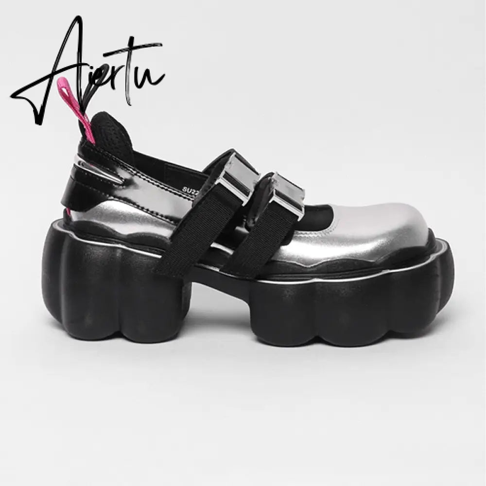 Womens Lolita Square Toe Gothic Punk Pumps Shoes Creepers Japanese Harajuku Platform Belt Buckle Girls Creepers 3Colors Aiertu