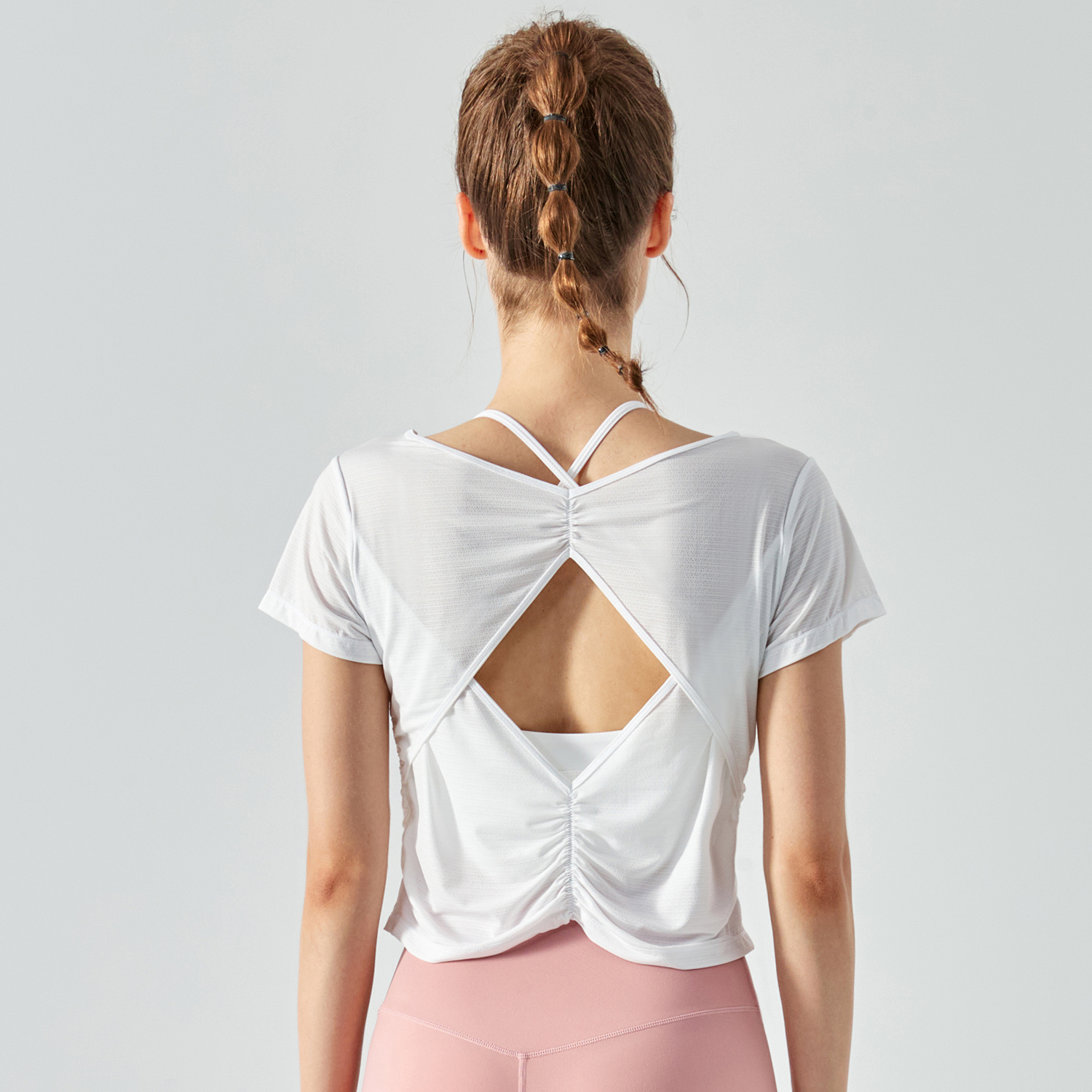 Shop pleated back hollow-out buttery soft cool sports running cropped t shirts online on Hergymclothing White