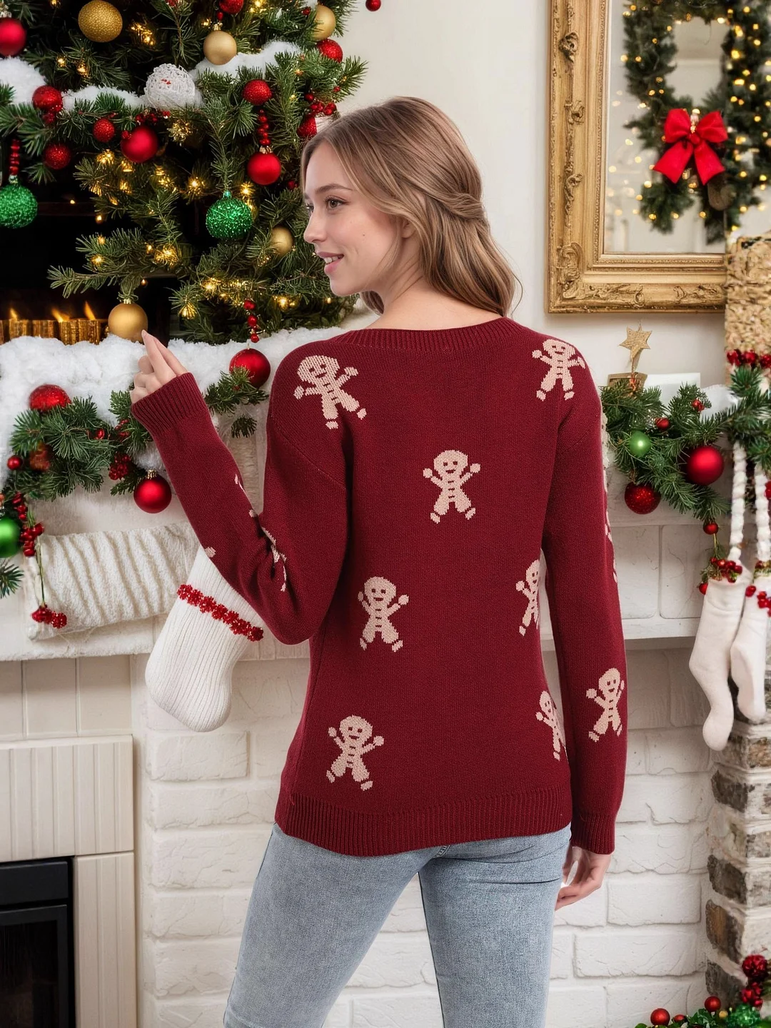 Athvotar Athvotar And Winter New Christmas Knitted Cartoon Man Embroidered Round Collar Sweater Women's Top