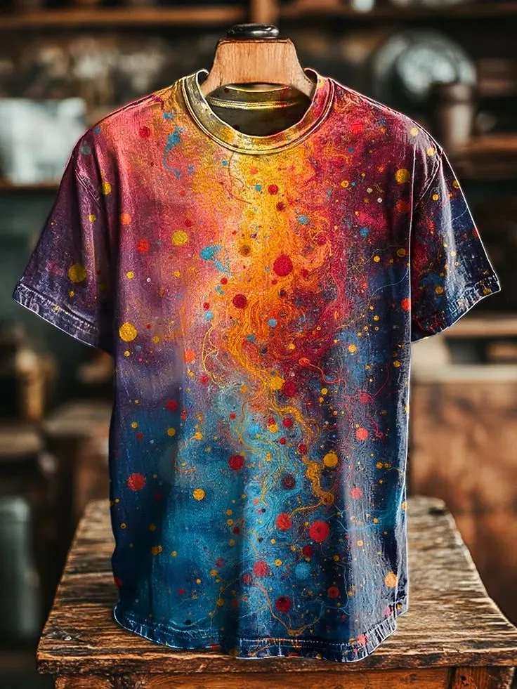 Unisex Vintage Colorful Line Polka Dot Print Casual Loose T-Shirt