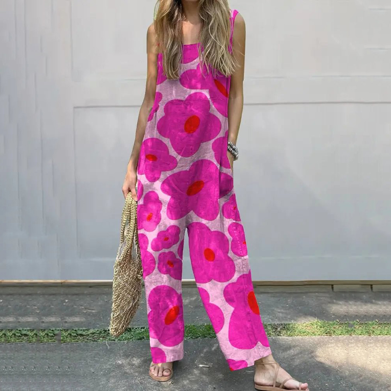 Women's Gorgeous Large Flower Print Thin Suspender Casual Wide Leg Jumpsuit artswardrobe