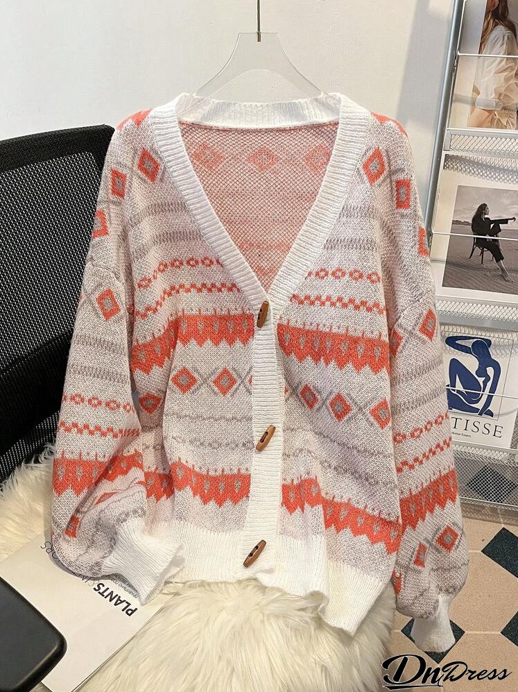 Women Geometric Pattern Drop Shoulder Casual Cardigan, Autumn/Winter