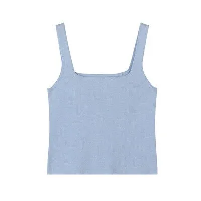 high quality chic basic U-NECK Summer white knit Women tank top sexy sleeveless t-shirt  vintage top casual crop top t shirt