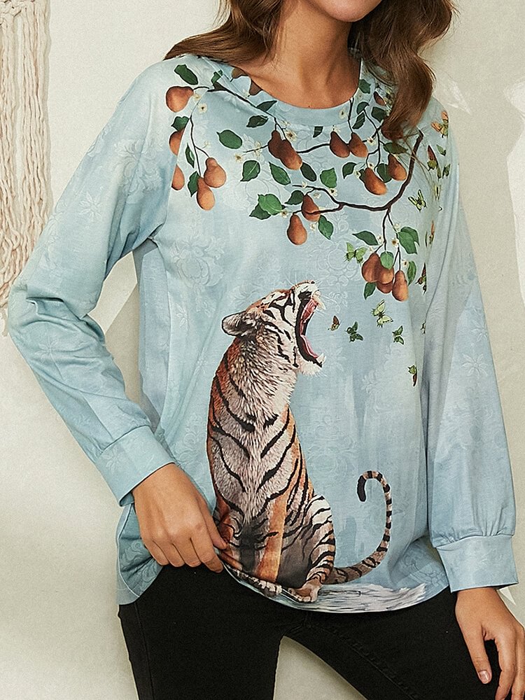 Animal Plants Print O neck Long Sleeve Casual T shirt For Women P1801393