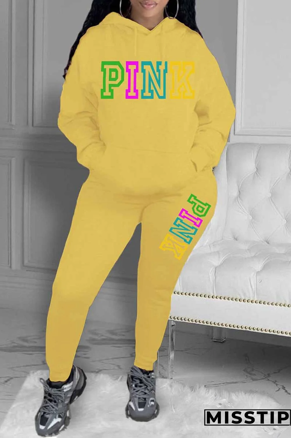 Grey Casual Print Letter Hooded Collar Long Sleeve Two Pieces