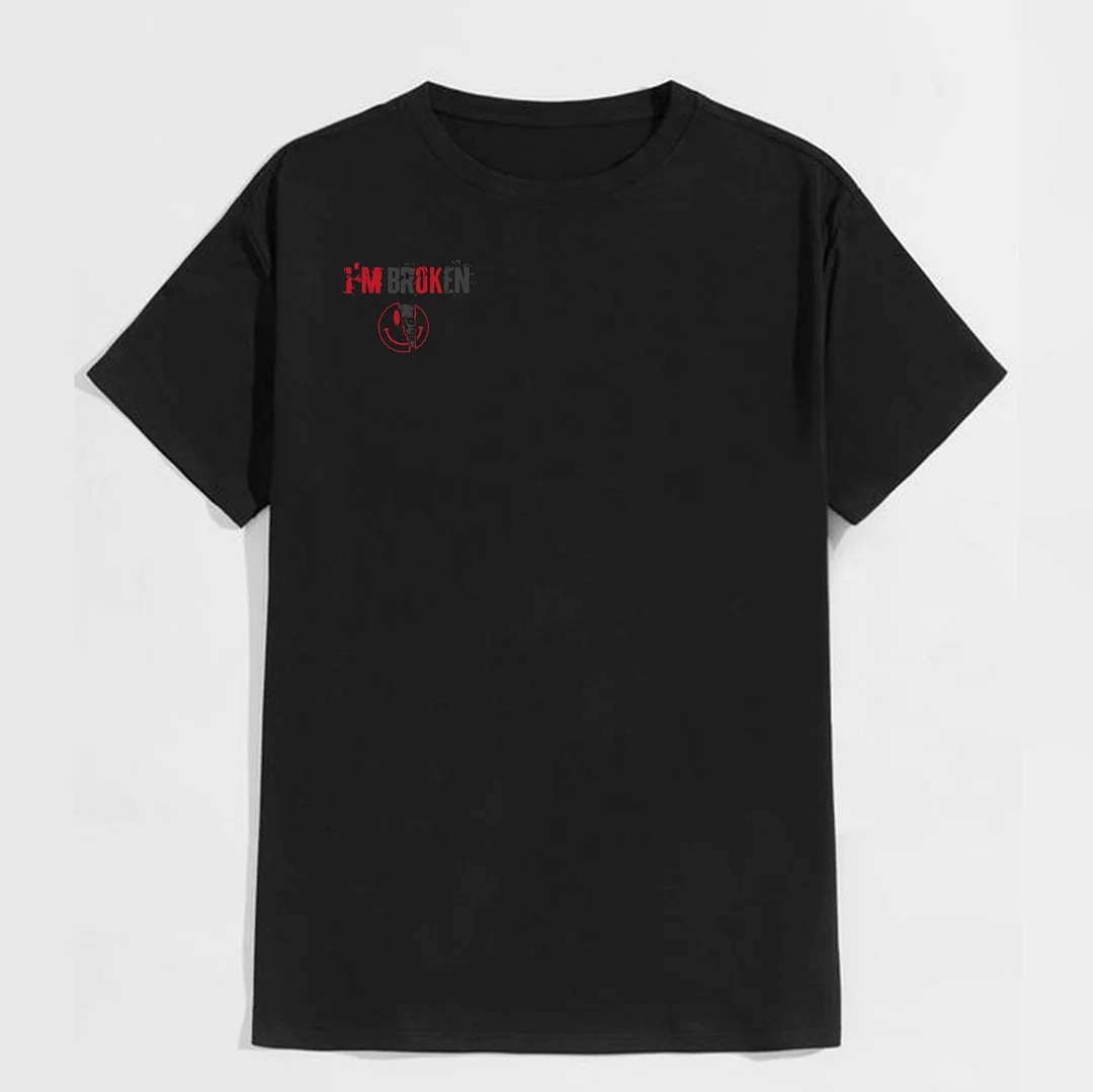 I’M BROKEN and Smiling Face Skull Graphic Casual Black and White Print T-shirt