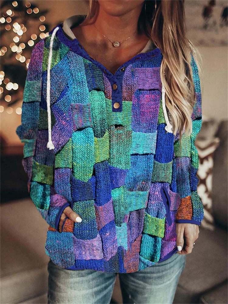 Colorblock Knit Art Button Up Cozy Hoodie