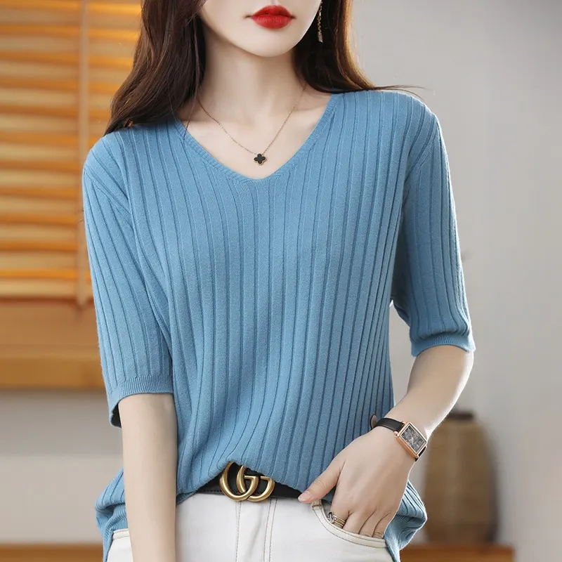 Churchf Churchf The Summer Of 2024, Women's Knit Short Sleeve Korean V-Neck Solid Color T-Shirt And A Pit Top