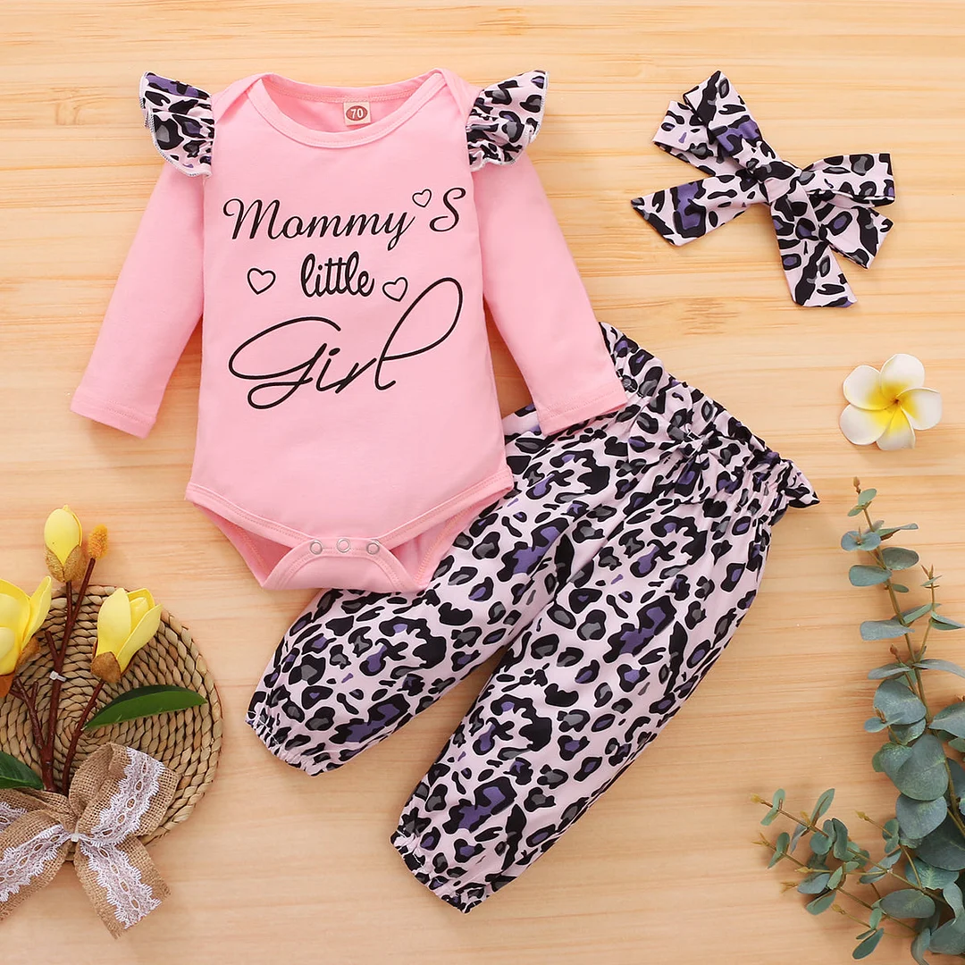 3PCS Mommy's Little Girl Leopard Printed Baby Girl Set