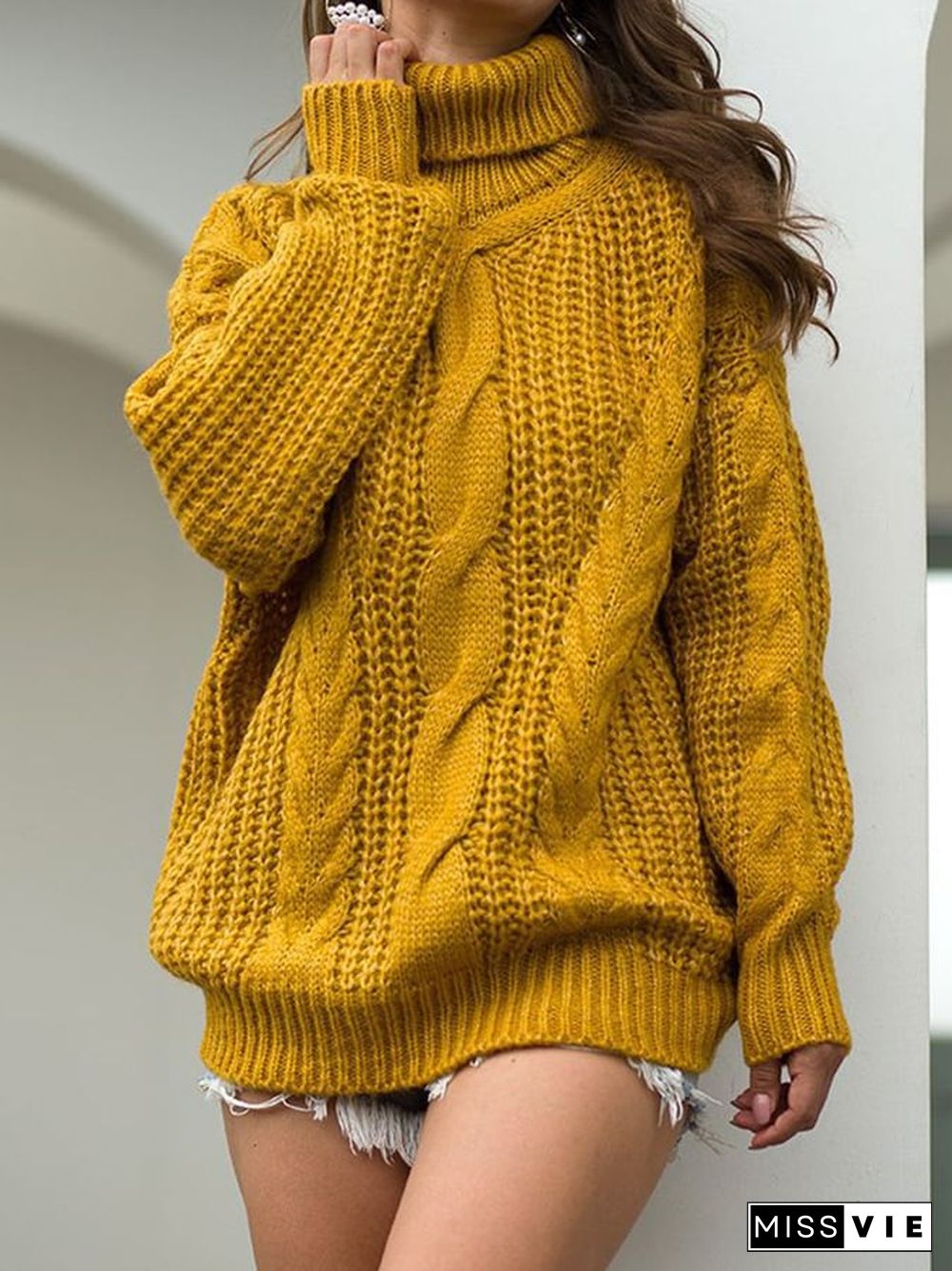 Women's Fashion Slouchy Cable Knit High Neck Pullover Sweater