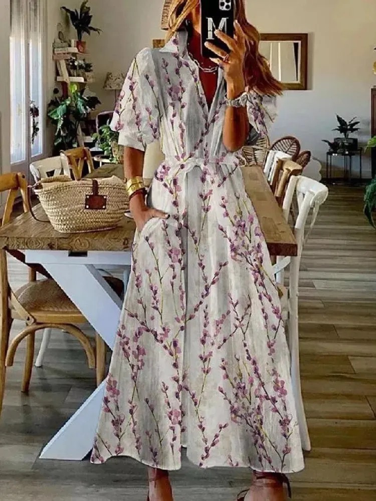 Women's Short Sleeve V-neck Graphic Floral Printed Maxi Dress
