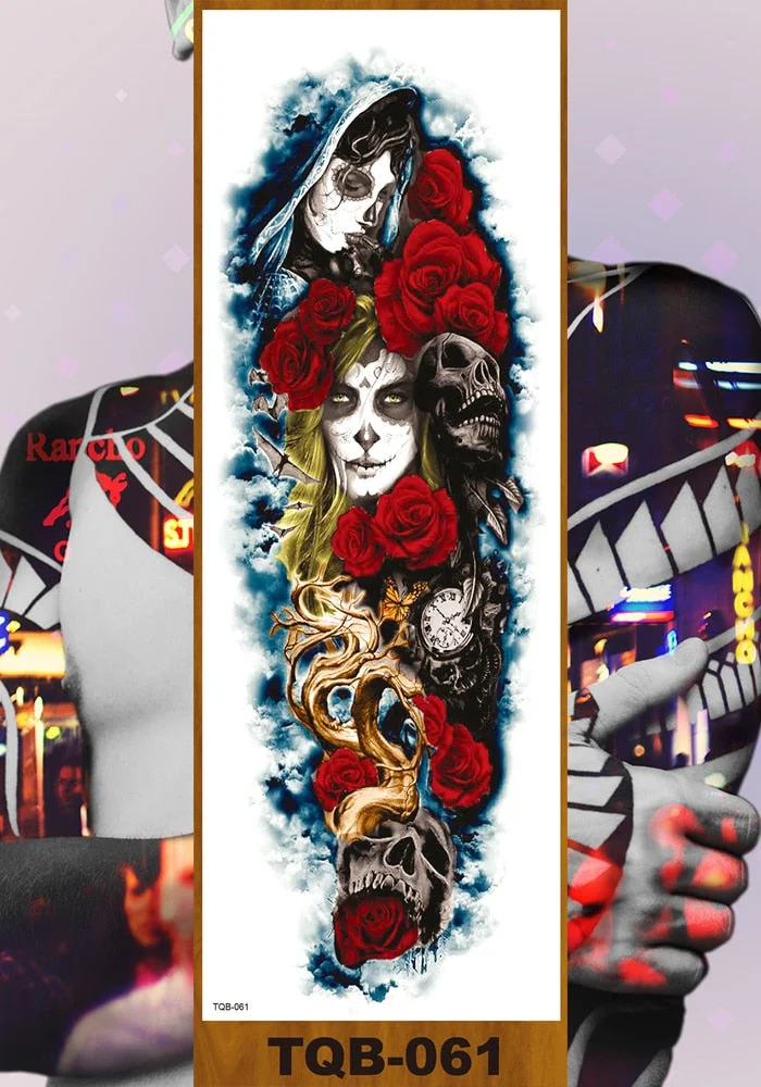 Full Flower Arm Temporary Tattoo Sticker Man Woman Body Leg Fake Tatoo Skull Night Demon Grim Reaper Good and Evil Waterproof