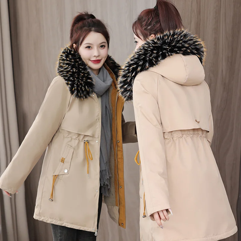 Woherb 2024 Winter Down Cotton Jacket Women's Long Coat Ins Cotton-Padded Jacket Big Wool Collar Collect Waist Tooling Plus Velvet Pie To Overcome-Outfit Ideas