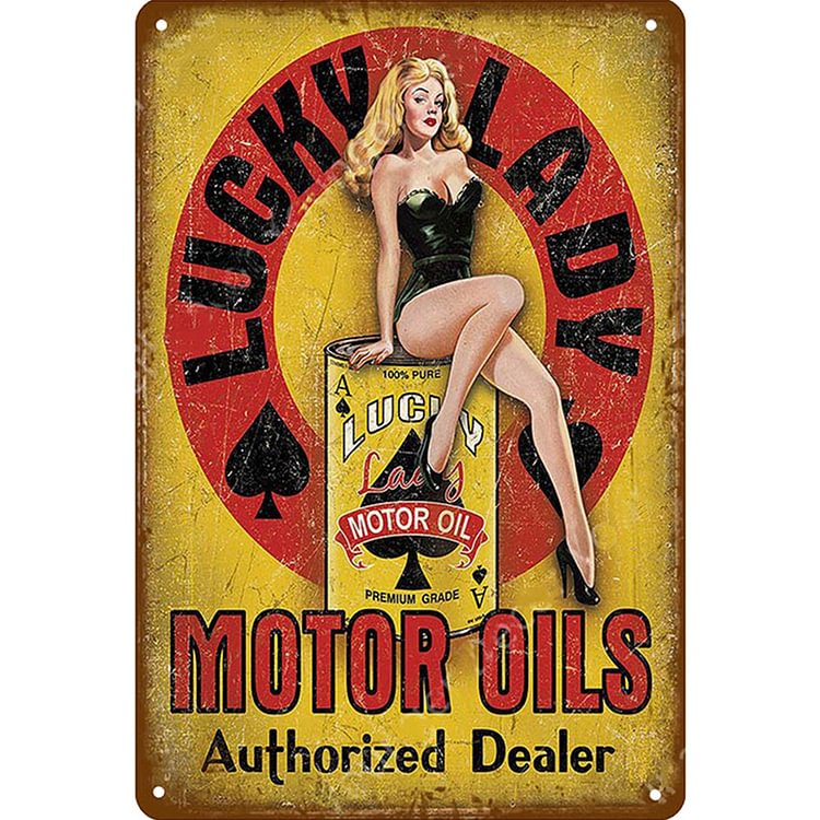 Lucky lady Motor Oils Authorized Dealer - Vintage Tin Signs/Wooden Signs - 7.9x11.8in & 11.8x15.7in