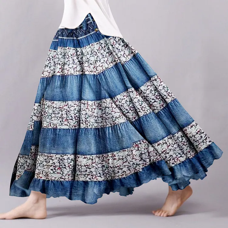 Vintage Bohemian Floral Patchwork Linen Skirt